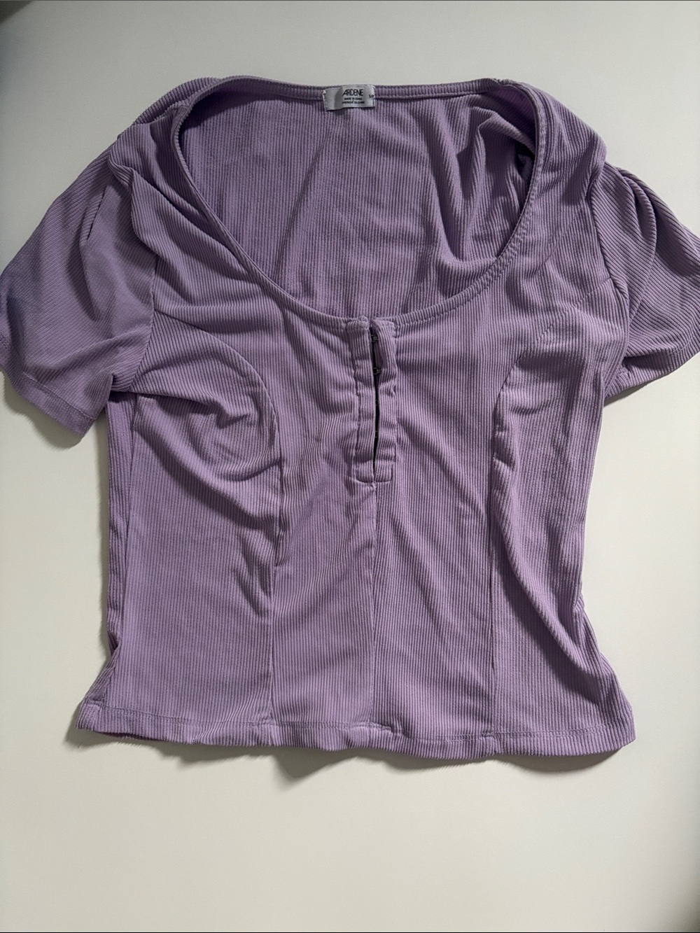 Ardene Lavender Ribbed Scoop Short Sleeve Top with Button Placket